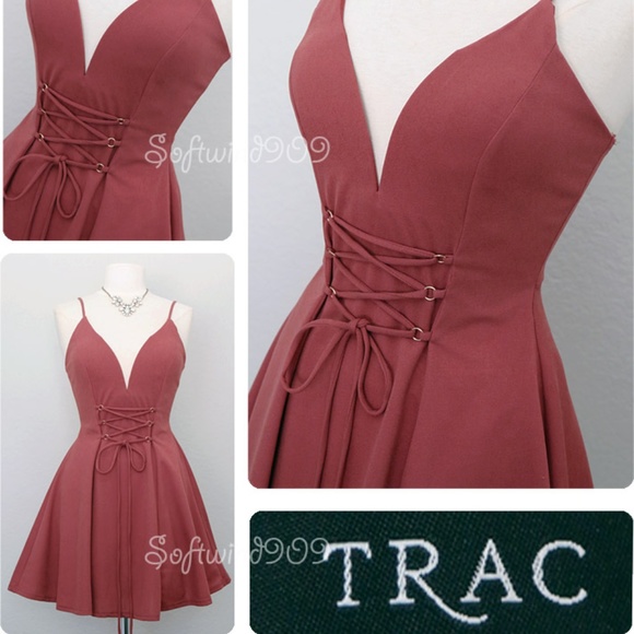 Rust Mauve Lace Up Corset Plunge Cute Skater Dress - Picture 3 of 8